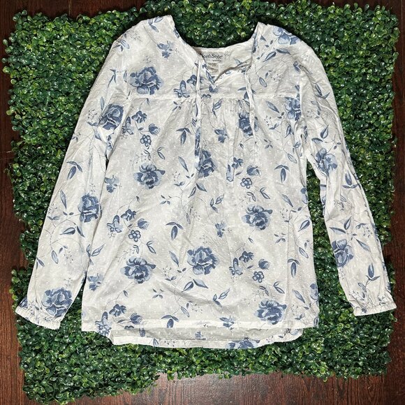 Cottagecore Boho White 100% Cotton Flowy White Blue Floral Top Sz S - Picture 1 of 3